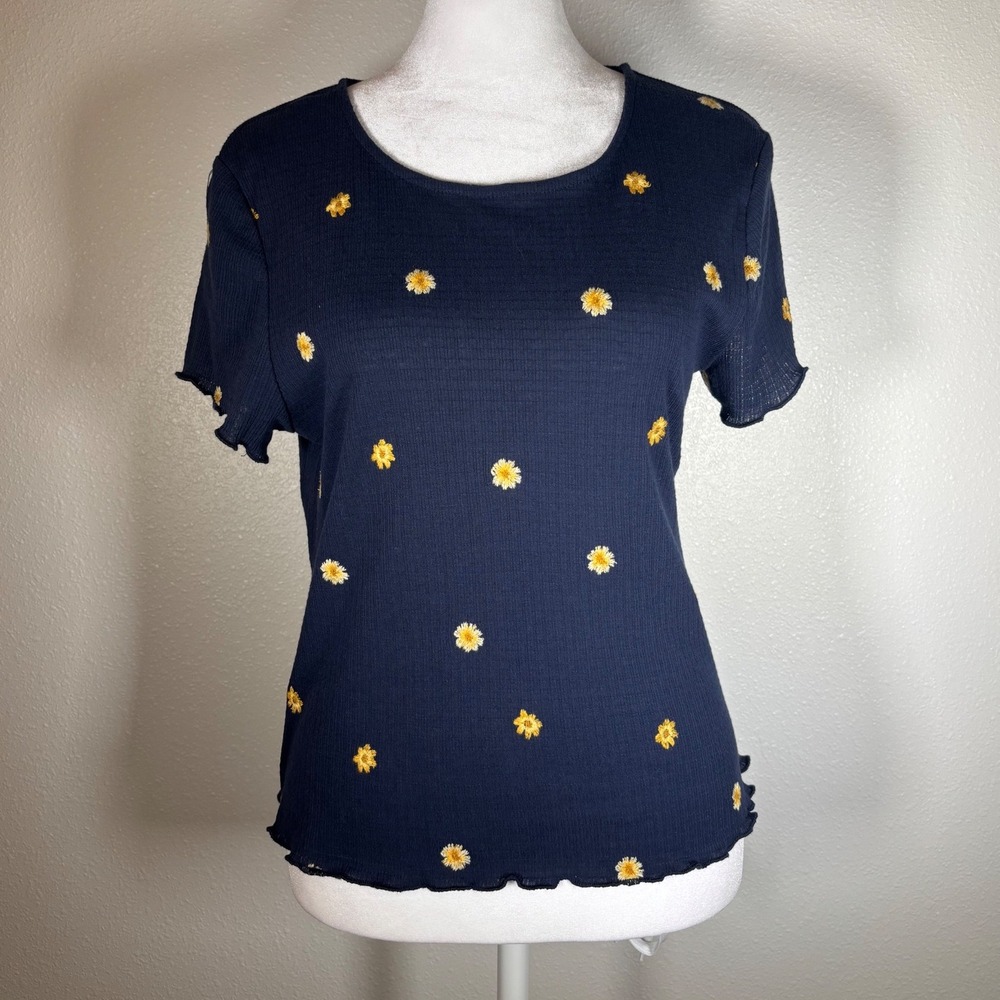 Cottagecore Fairycore Navy Blue Ribbed Daisy Embroidered Lettuce Edge Top L